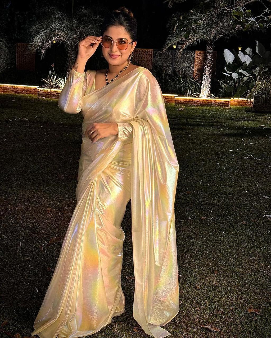 Imported Febric Chrome Unicorn Saree Shades Of Rainbow
