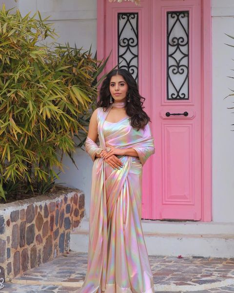 Imported Febric Chrome Unicorn Saree Shades Of Rainbow