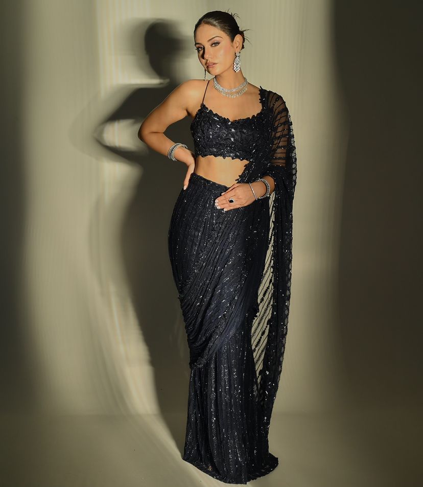 Party Wear Black Net Sequence Worked Saree With Designer Blouse