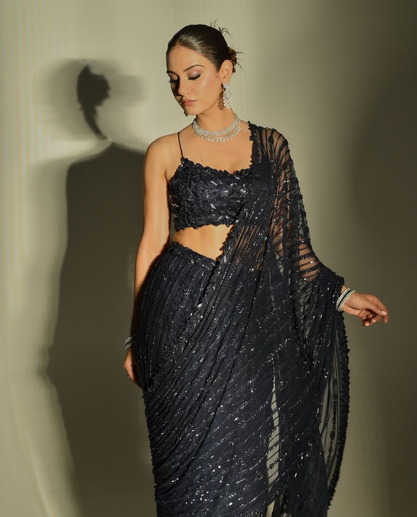 Party Wear Black Net Sequence Worked Saree With Designer Blouse