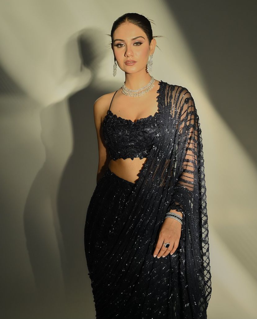 Party Wear Black Net Sequence Worked Saree With Designer Blouse