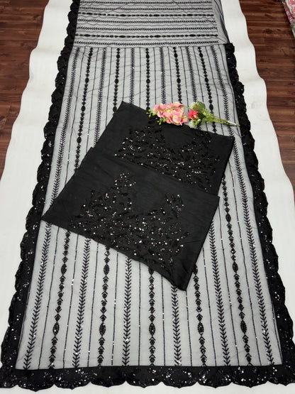 Party Wear Black Net Sequence Worked Saree With Designer Blouse