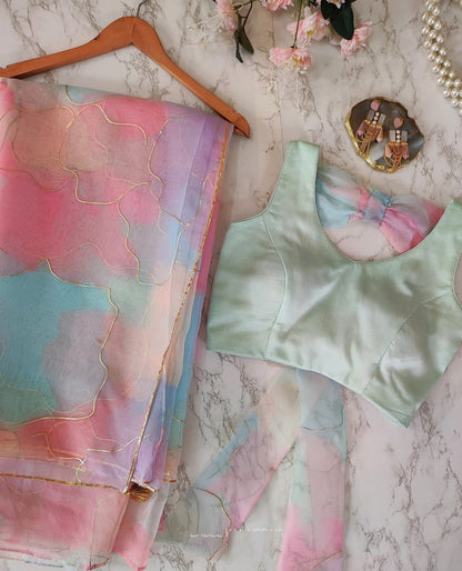 Amazing Designer Organza Silk Multi Colour Foil Print Saree