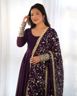Wine Colour Full Stiched Georgette Party Wear Gown With Embroidery And Sequence Worked Designer Duppata