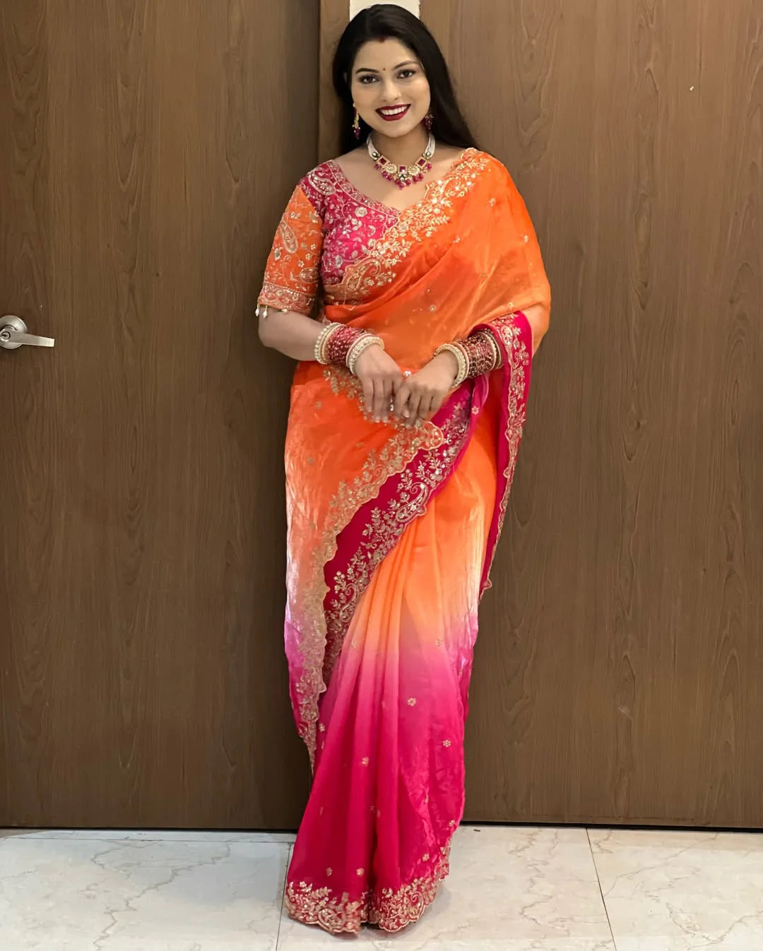 Premium Designer Fendy Satin Saree with Heavy Embroidery Sequence Work