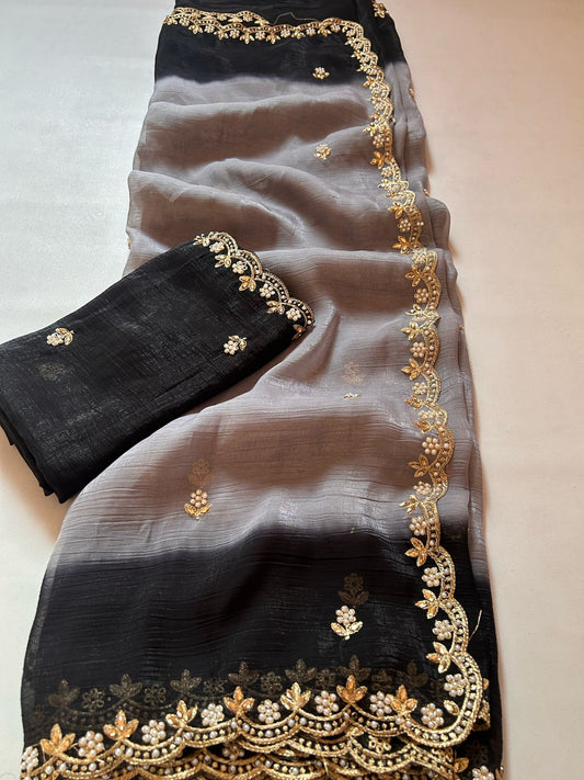crunchy crush saree with embroidery butti & DESGINER embroidered border saree