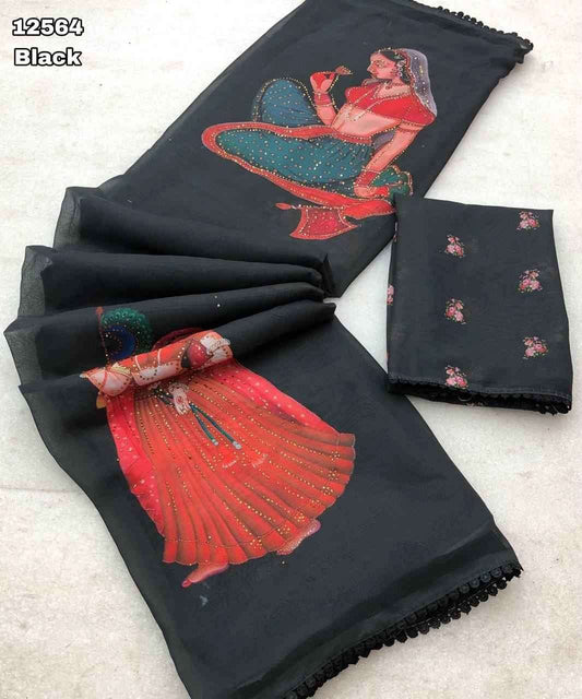 Weightless Chiffon With Kalamkari Print n Siroski Work Fancy Designer Saree