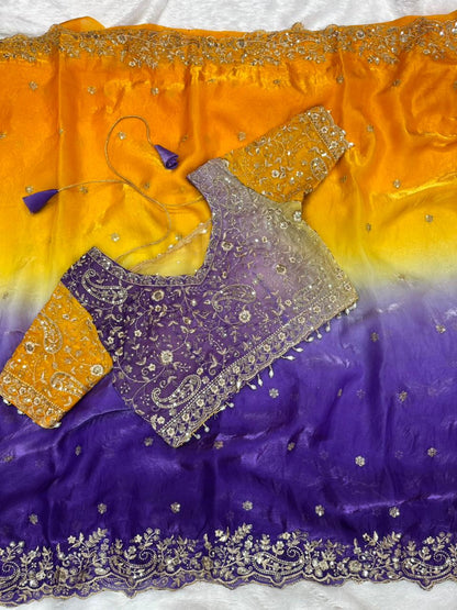 Premium Designer Fendy Satin Saree with Heavy Embroidery Sequence Work