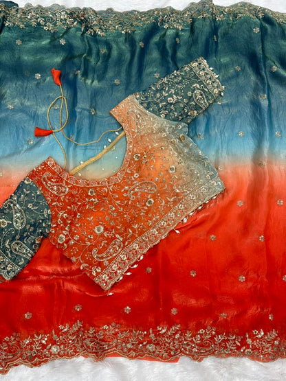 Premium Designer Fendy Satin Saree with Heavy Embroidery Sequence Work