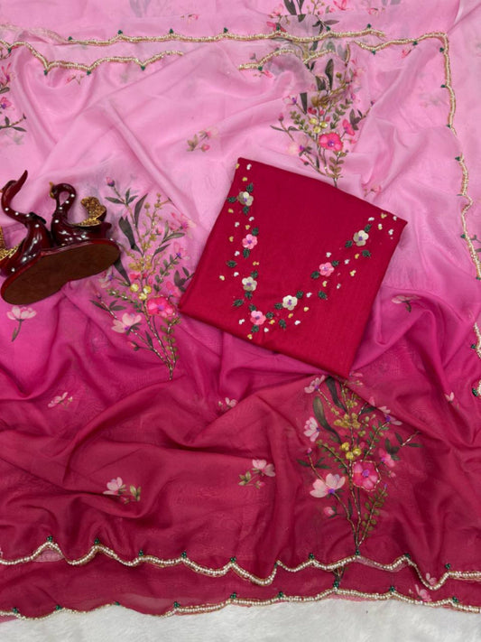 Luxury Soft Tebby Silk Floral Saree with Handworked Sequins & Katdana Border