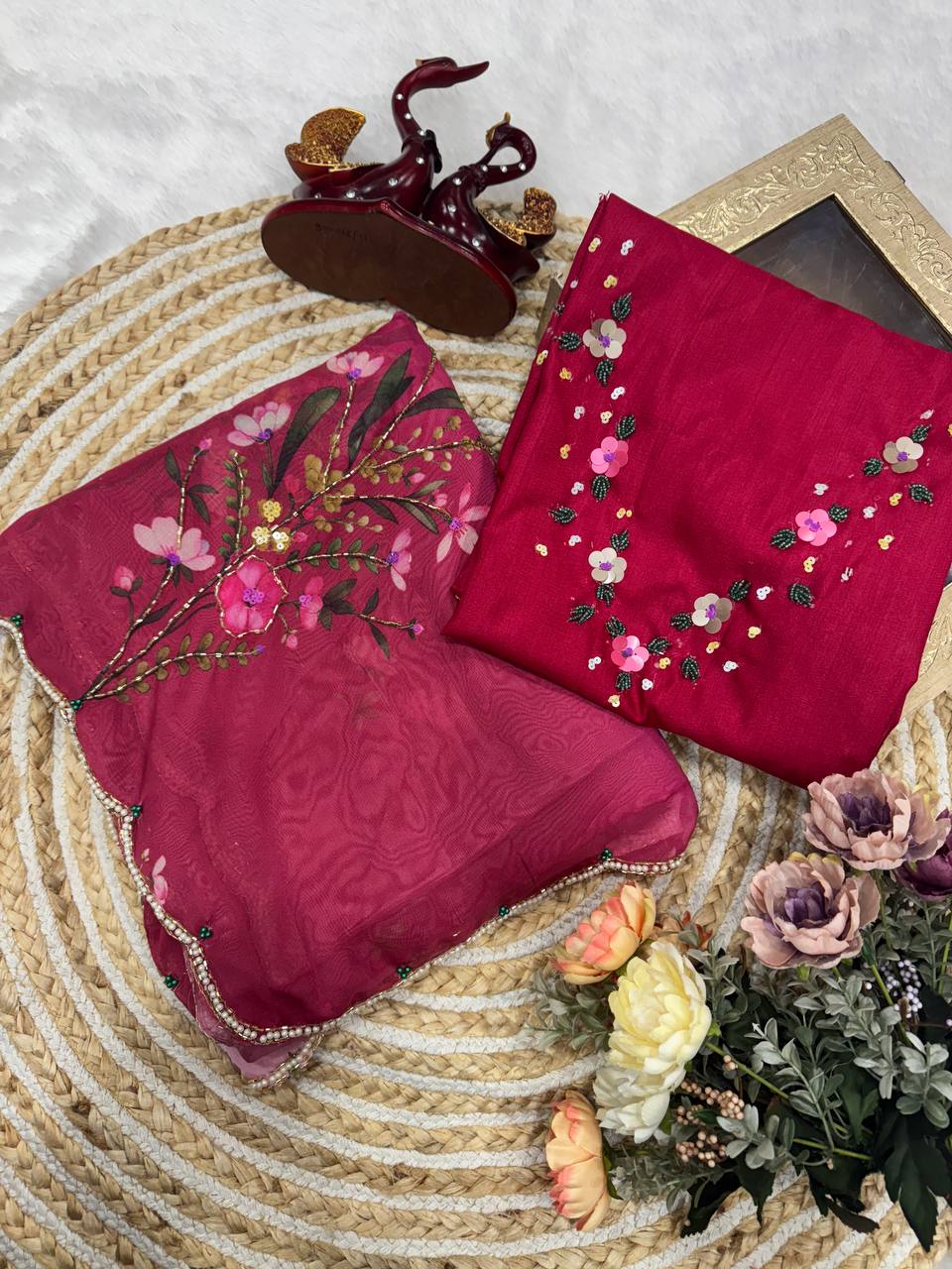 Luxury Soft Tebby Silk Floral Saree with Handworked Sequins & Katdana Border