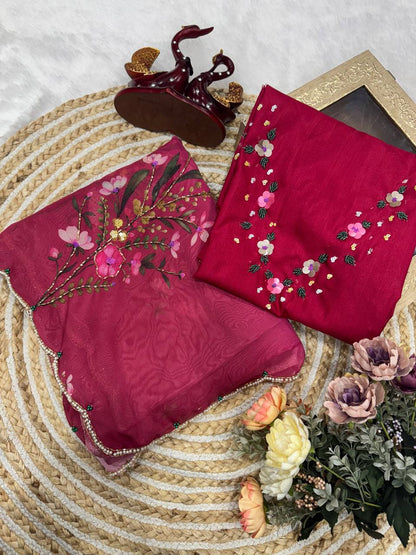 Luxury Soft Tebby Silk Floral Saree with Handworked Sequins & Katdana Border