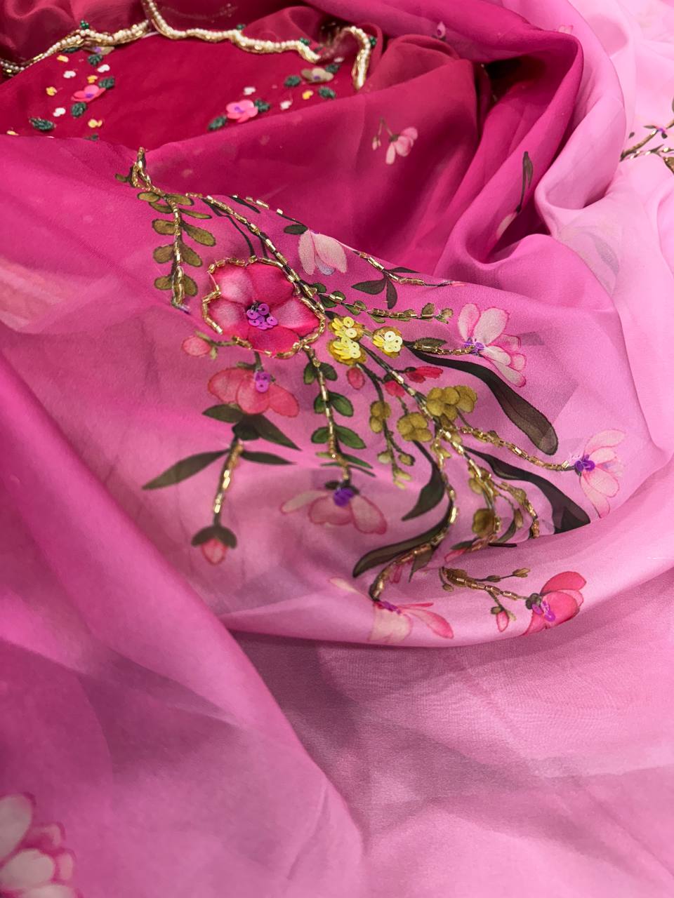 Luxury Soft Tebby Silk Floral Saree with Handworked Sequins & Katdana Border