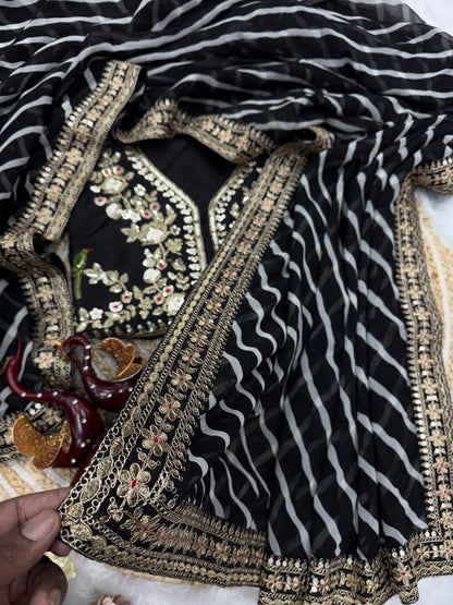 Soft Georgette Leriya Print Saree with Sequins & Cording Embroidery