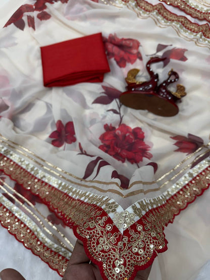 Premium Soft Georgette Floral Saree with Sequins, Cording Embroidery & Gota Patti