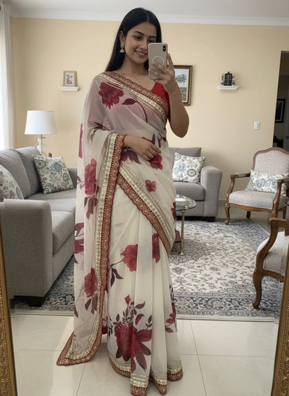 Premium Soft Georgette Floral Saree with Sequins, Cording Embroidery & Gota Patti