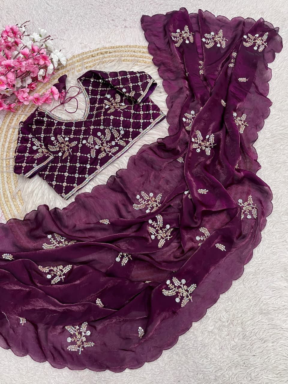 Designer Fandy Satin Saree Set with Stitched Brits Work Blouse