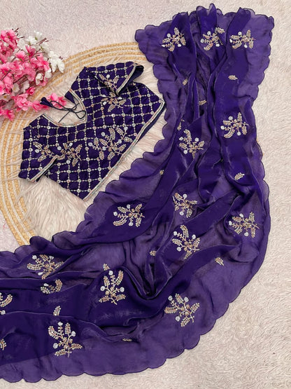 Designer Fandy Satin Saree Set with Stitched Brits Work Blouse