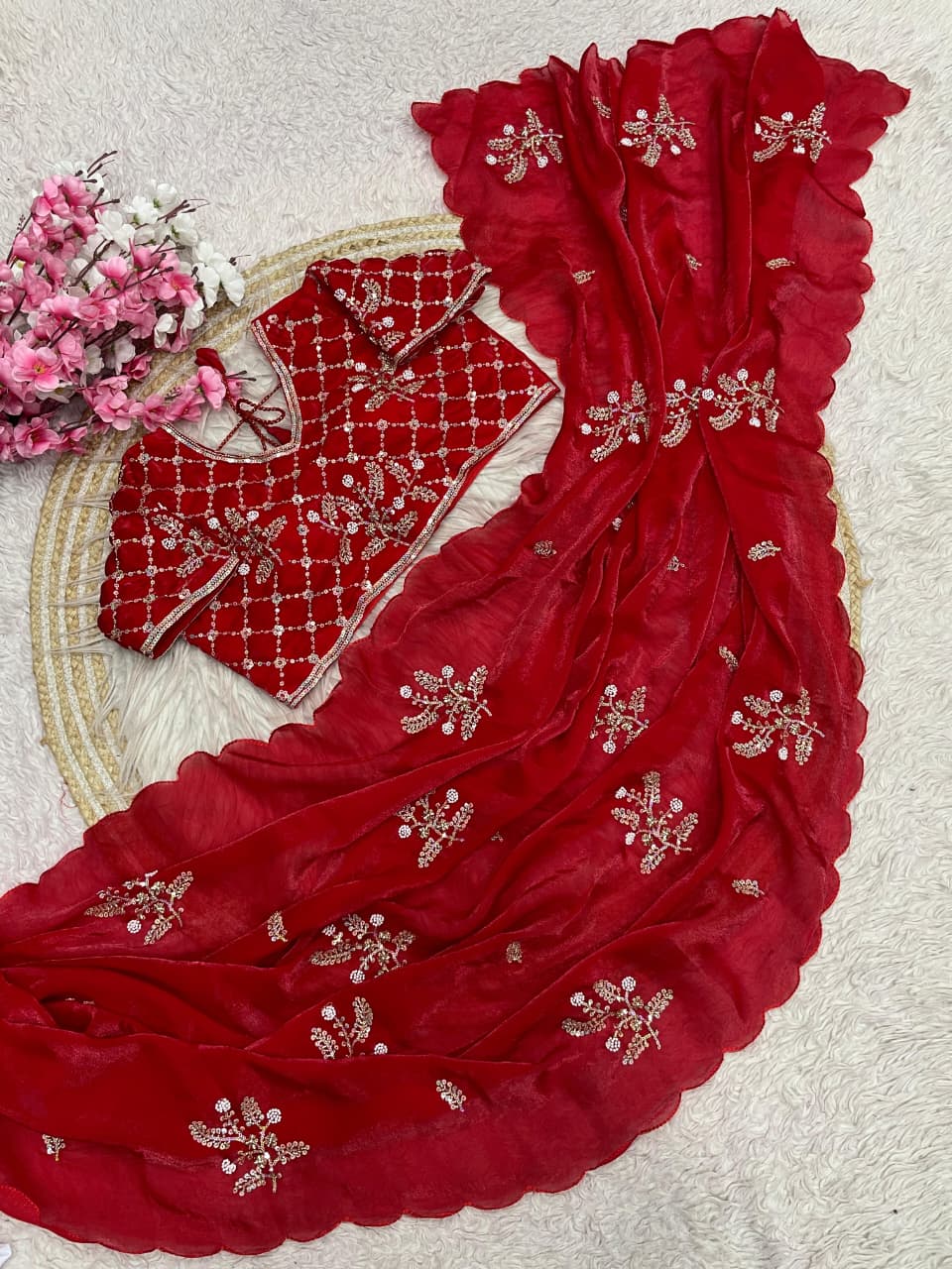 Designer Fandy Satin Saree Set with Stitched Brits Work Blouse