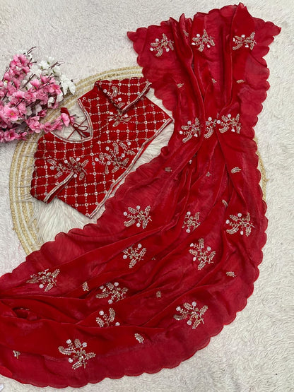 Designer Fandy Satin Saree Set with Stitched Brits Work Blouse