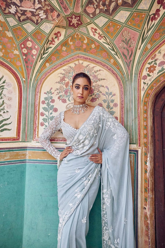 Premium Faux Georgette Designer Saree with Heavy Embroidery & 5mm Sequins Work