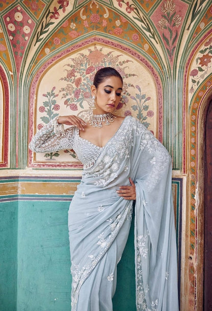 Premium Faux Georgette Designer Saree with Heavy Embroidery & 5mm Sequins Work