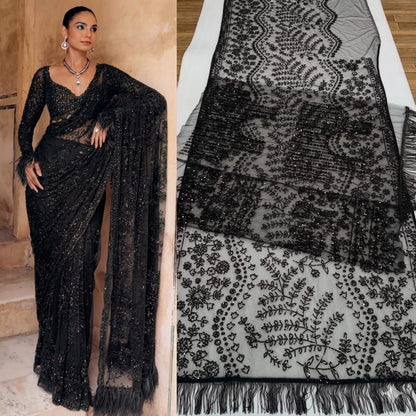Bollywood-Inspired Premium Butterfly Net Saree with Heavy Sequins Embroidery Designer Blouse