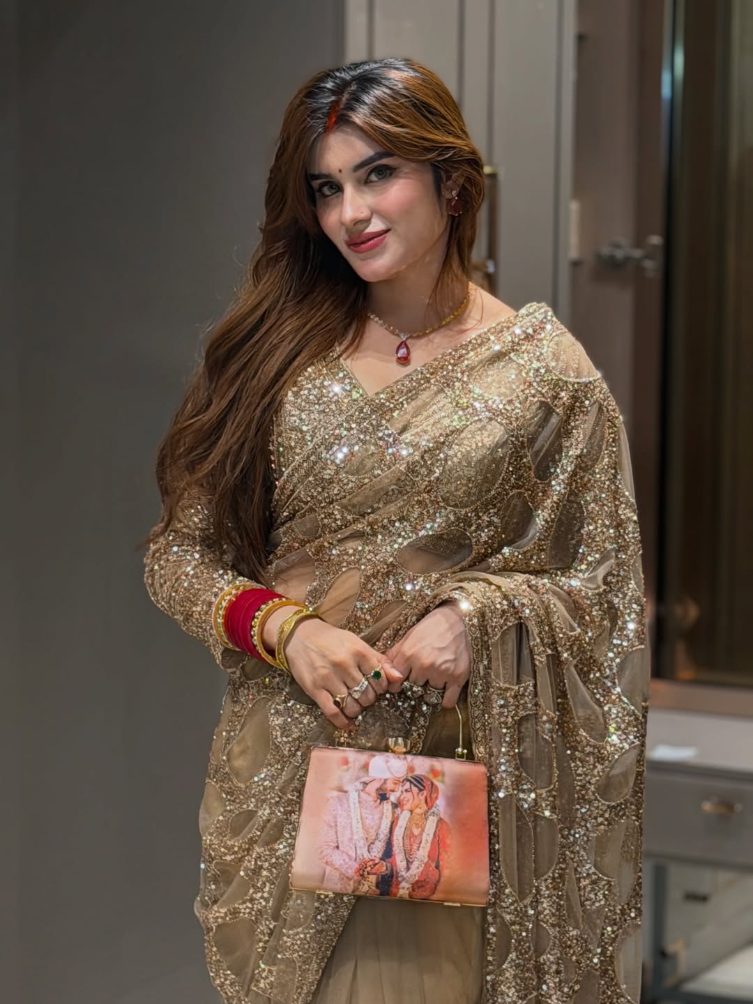 Spacial Party Wear Gold Colour Sequece Work Designer Saree With Fancy Blouse