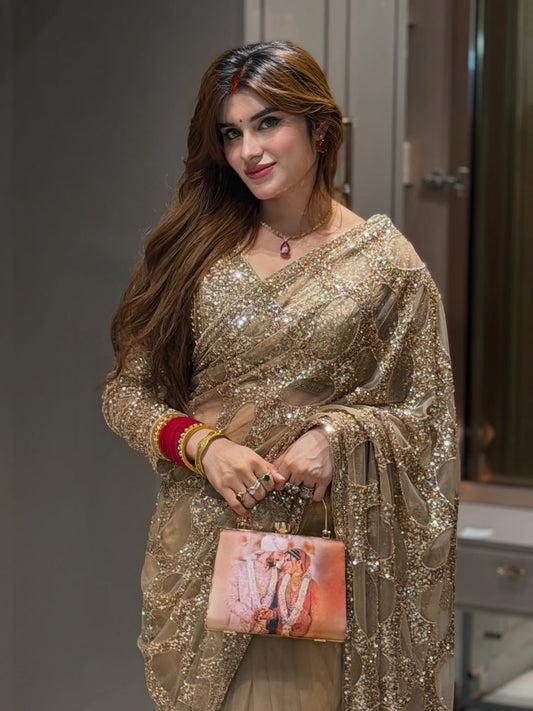 Spacial Party Wear Gold Colour Sequece Work Designer Saree With Fancy Blouse