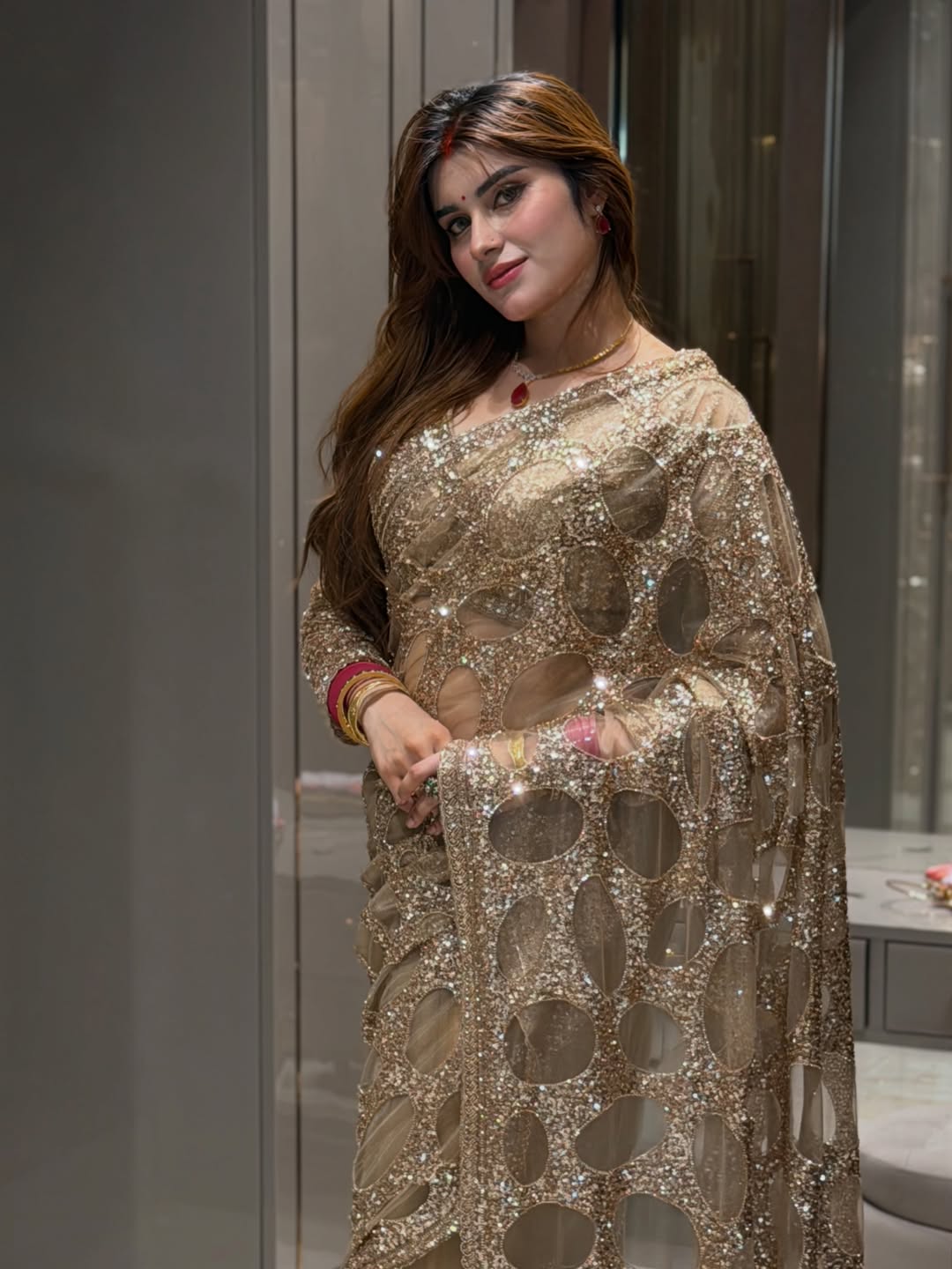 Spacial Party Wear Gold Colour Sequece Work Designer Saree With Fancy Blouse