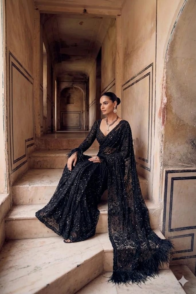 Bollywood-Inspired Premium Butterfly Net Saree with Heavy Sequins Embroidery Designer Blouse