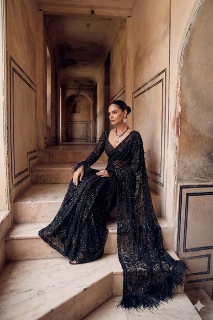 Bollywood-Inspired Premium Butterfly Net Saree with Heavy Sequins Embroidery Designer Blouse