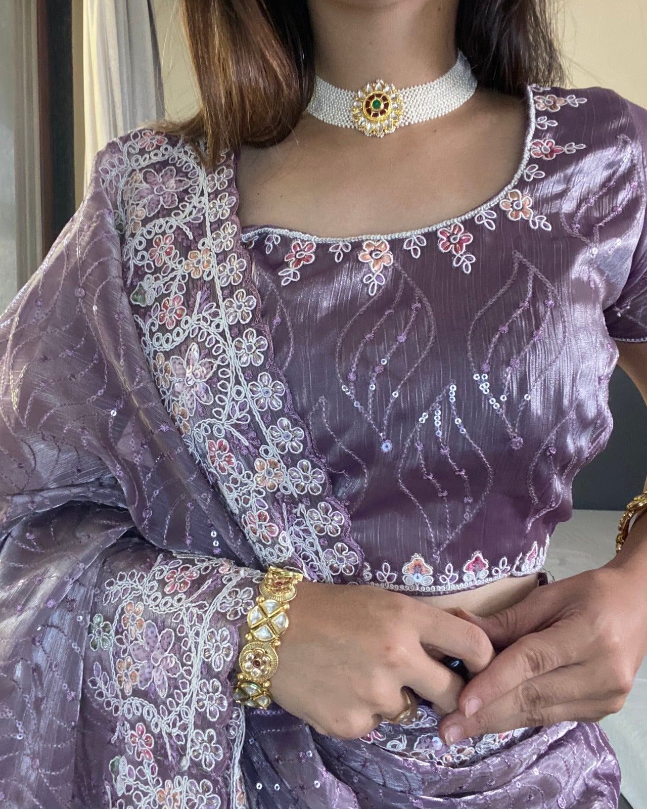 Designer Thread Zari Embroidery Barbari Silk Saree