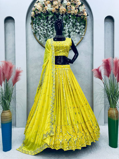 Yellow Colour Wedding Wear Emroidary And Sequence Worked Beautiful Lehenga Choli