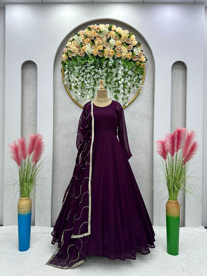 Wine Colour Party Wear Full Stiched Gown With Designer Duppta