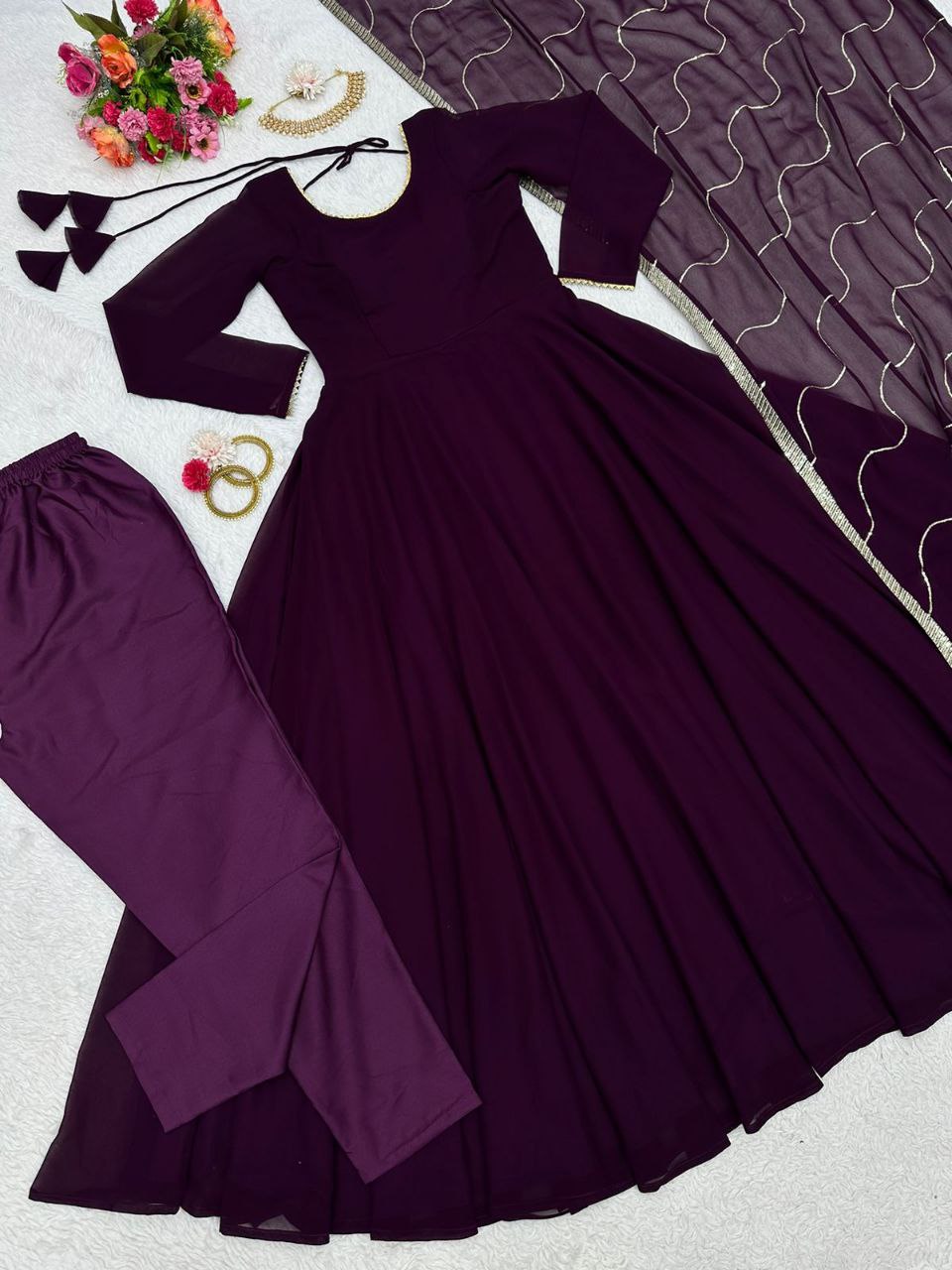 Wine Colour Party Wear Full Stiched Gown With Designer Duppta