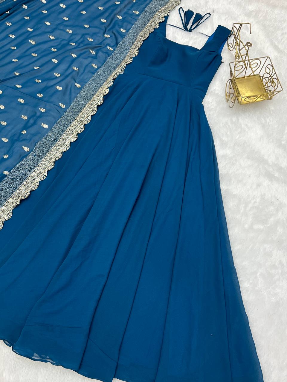 Pure Soft Georgette Sleev Less Full Fleir Gown With Sequence Worked Duppata