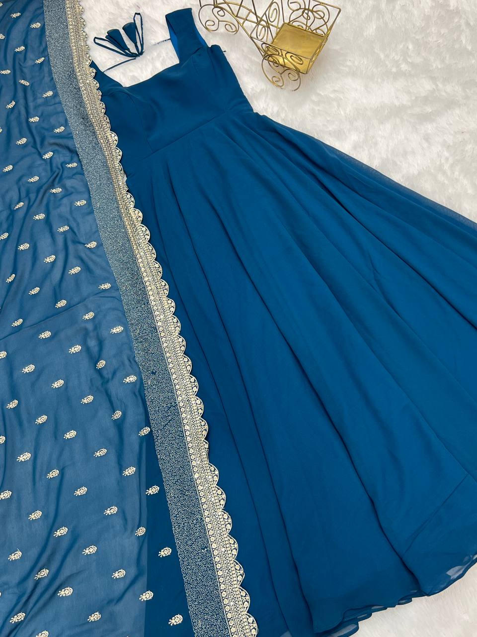 Pure Soft Georgette Sleev Less Full Fleir Gown With Sequence Worked Duppata