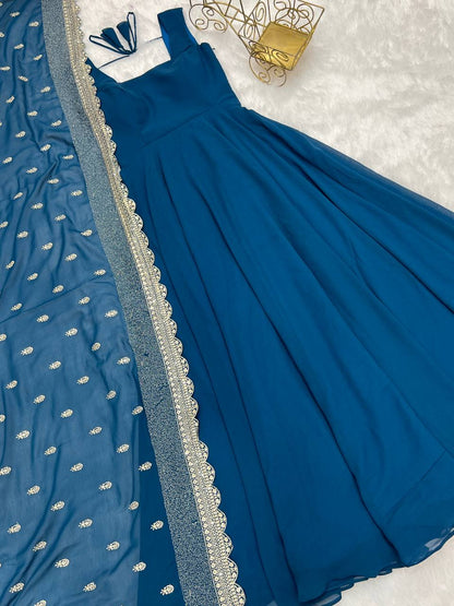 Pure Soft Georgette Sleev Less Full Fleir Gown With Sequence Worked Duppata