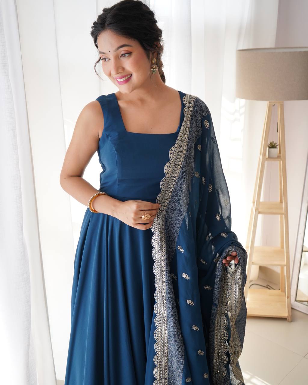 Pure Soft Georgette Sleev Less Full Fleir Gown With Sequence Worked Duppata