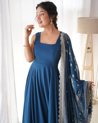 Pure Soft Georgette Sleev Less Full Fleir Gown With Sequence Worked Duppata