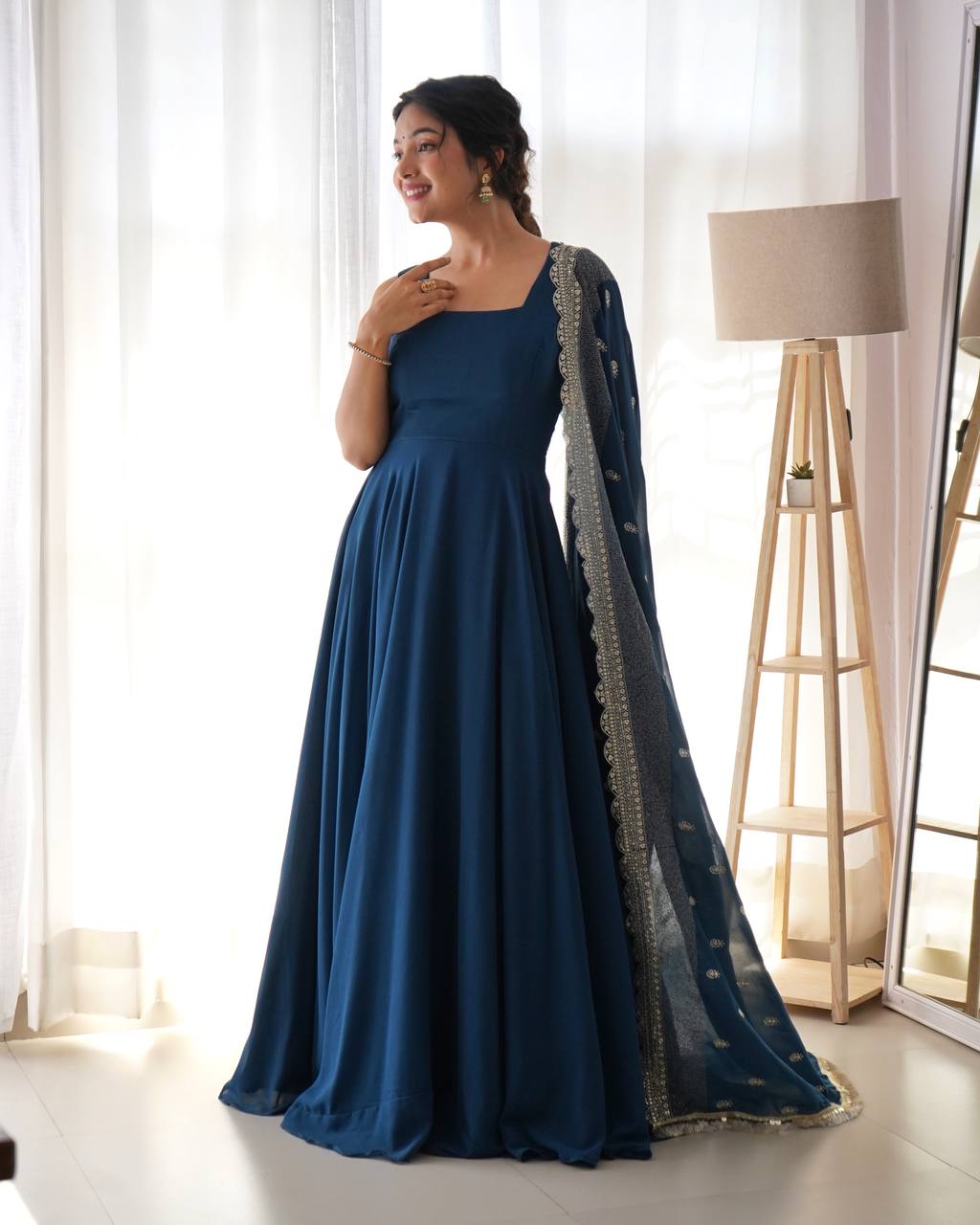 Pure Soft Georgette Sleev Less Full Fleir Gown With Sequence Worked Duppata