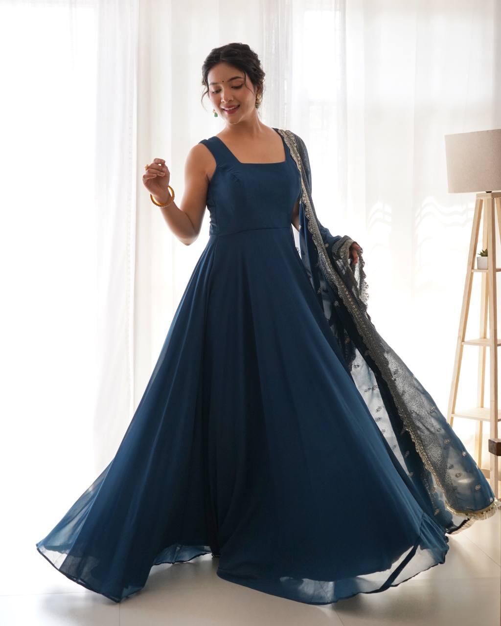 Pure Soft Georgette Sleev Less Full Fleir Gown With Sequence Worked Duppata