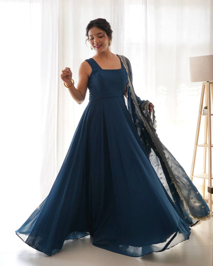 Pure Soft Georgette Sleev Less Full Fleir Gown With Sequence Worked Duppata