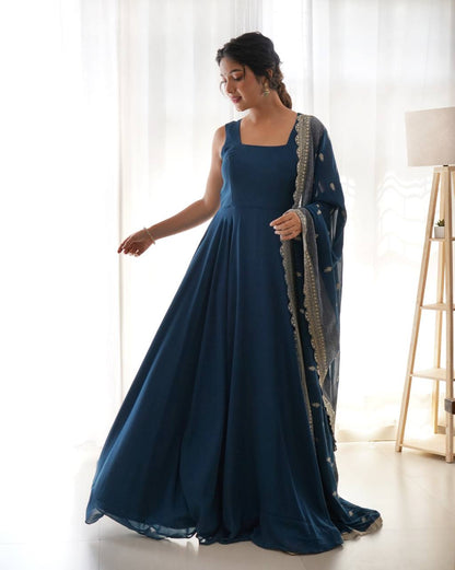Pure Soft Georgette Sleev Less Full Fleir Gown With Sequence Worked Duppata