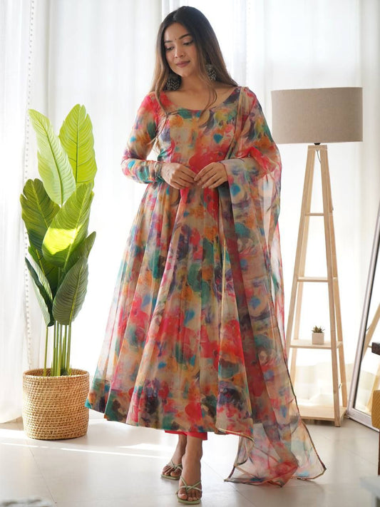 Amezing Full Stiched Tabby Silk Multi Colour Anarkali Suit With Belt