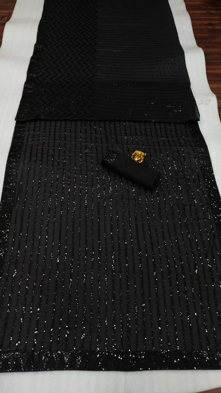 Looking New Black Designer Fancy Sequence Worked Saree With Silk Blouse