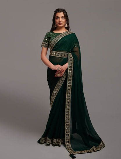Party Wear Codding Work Chinon Saree With Designer Heavy Blouse