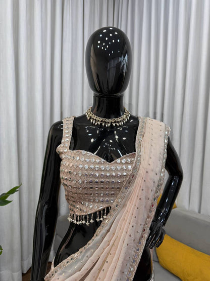 Cream Colour Thead Work Georgette Wedding Wear Lehenga Saree