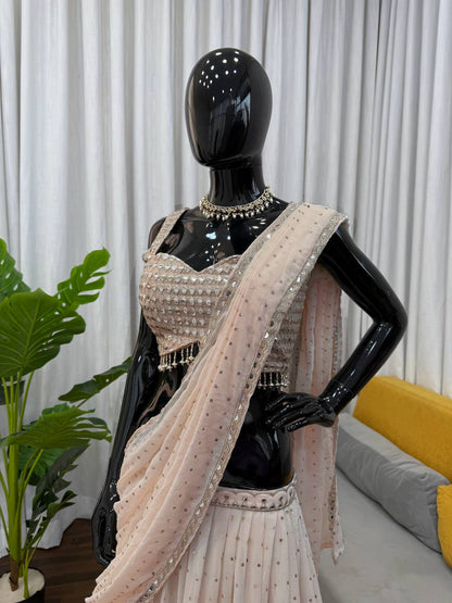 Cream Colour Thead Work Georgette Wedding Wear Lehenga Saree